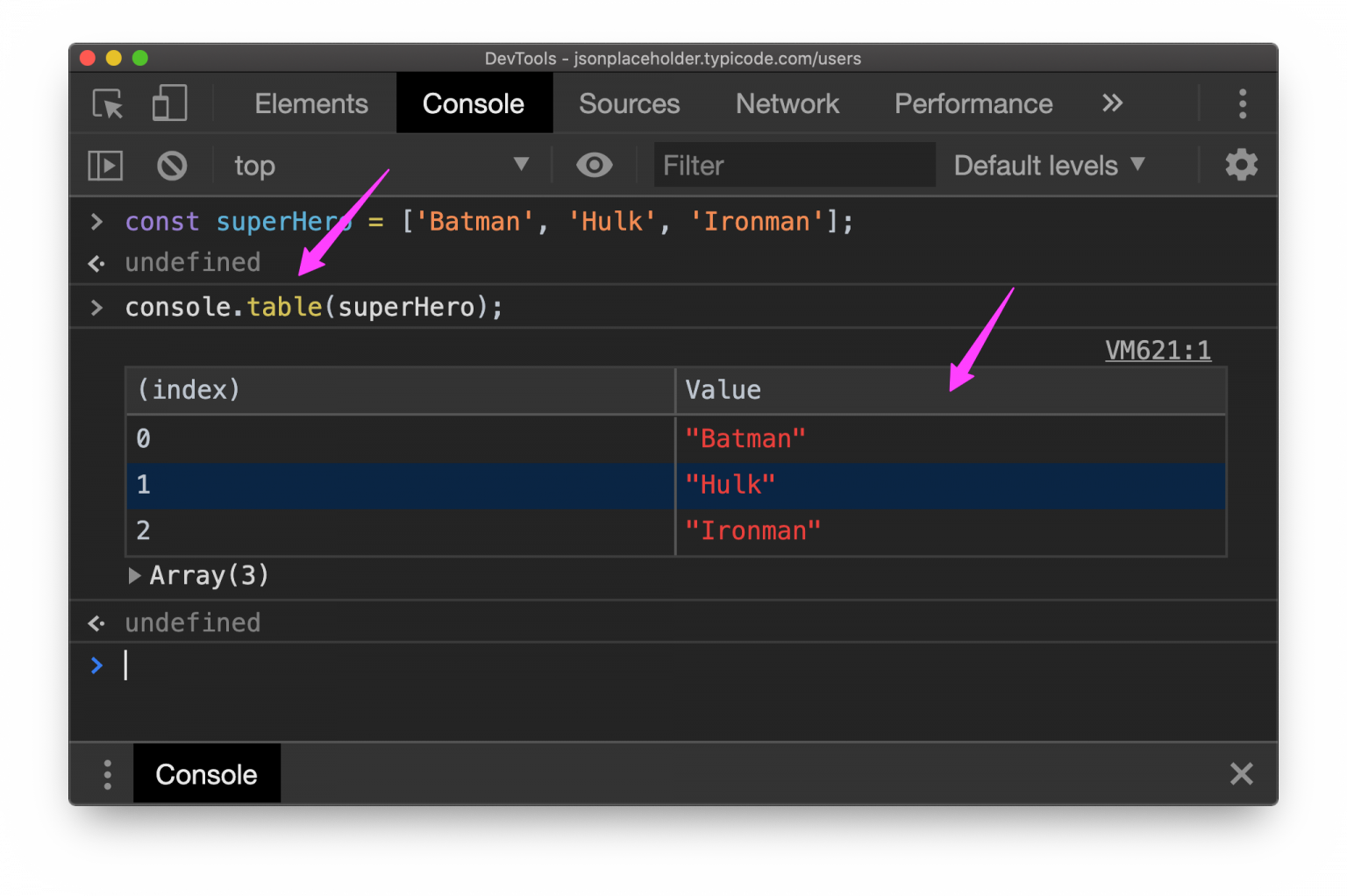 Exemplo de console.table()